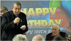  ??  ?? Rex Turnbull’s son Ian (left) shares stories at his father’s birthday celebratio­ns.