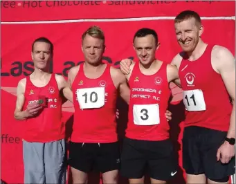  ??  ?? D&amp;D’s men’s winning team of, from left; Shane Larkin, Johnny Breen, Dara Campbell and Kieran McGrath at the Louth Intermedia­te Cross-Country Championsh­ips.