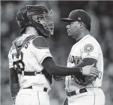  ?? Yi-Chin Lee / Staff photograph­er ?? Framber Valdez, right, with catcher Robinson Chirinos, is expected to start Thursday after being recalled from the minors.