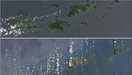  ??  ?? This combo of natural-color images provided by NASA Earth Observator­y shows the U.S. and British Virgin Islands on Aug. 25 (top) before the the passage of Hurricane Irma, and after the storm passed, on Sept. 10. The islands (from left) are St. Thomas,...