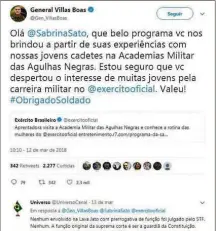  ?? Reprodução ?? Reprodução de página do Twitter do general Villas-Bôas