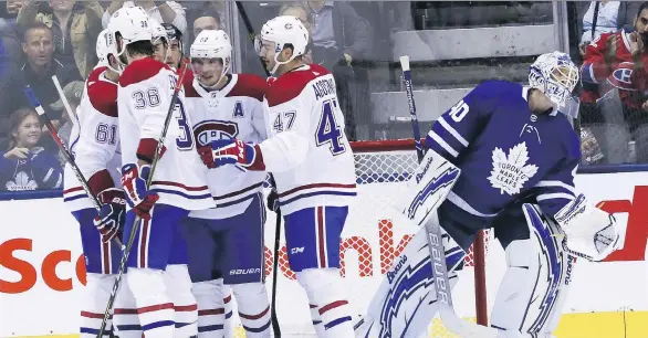  ?? VERONICA HENRI ?? Maple Leafs goaltender Garret Sparks reacts after letting in the first of five goals on 23 shots in 40 minutes as the visiting Montreal Canadiens won 5-1 in Toronto, Monday.