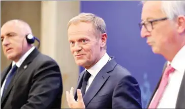  ?? LUDOVIC MARIN/AFP ?? European Council President Donald Tusk (centre) speaks at a press conference in Sofia, Bulgaria, along with European Commission President Jean-Claude Juncker (right) and Bulgarian Prime Minister Boyko Borisov during an EU-Western Balkans Summit on May...