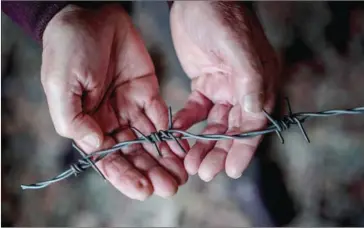  ?? ANDREW TESTA/THE NEW YORK TIMES ?? Tom Leimdorfer crossed the border from Hungary into Austria with his mother. He holds a piece of barbed wire from that border at his home in Congresbur­y, England, on November 1.