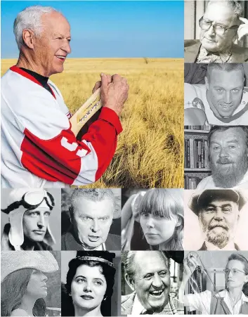  ??  ?? Main: Gordie Howe beside, from top, John Tootoosis, Ron Lancaster and Farley Mowat. Row 1, under Howe: Roland Groome, John Diefenbake­r, Joni Mitchell and Peter Verigin. Row 2: Buffy Sainte-Marie, Irene Salemka, Art Linkletter and Evelyn Spice Cherry.