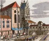  ??  ?? Der Fischmarkt östlich der Barfüßerki­rche im 18. Jahrhunder­t. Das Barfüßerto­r, das hier noch im Hintergrun­d zu sehen ist, wurde 1825 abgebroche­n.
