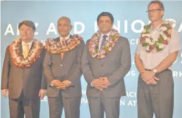  ?? Photo: Waisea Nasokia ?? From left: UnionPay Internatio­nal chief excutive officer Cai Jianbo, ANZ acting CEO Fiji Saud Abdul Minam, Attorney-General Aiyaz Sayed -Khaiyum and Radisson Blu Resort general manager Gerard Kinght at Radisson Blu Resort and Spa at Denarau Island last...