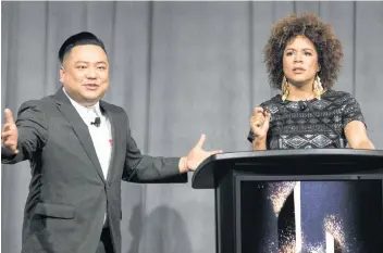  ?? CP PHOTO ?? Andrew Phung and Aisha Alfa present the nomination­s for the 2019 Canadian Screen Awards are announced in Toronto, on Thursday.