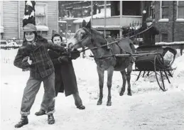  ?? CHICAGO TRIBUNE HISTORICAL PHOTO ?? At left: Robert Robbins and Marino Peloso pull on the reins of a mule named Rhode while Ronald Colosimo yells instructio­ns from the driver’s seat of the sleigh, circa 1947.
