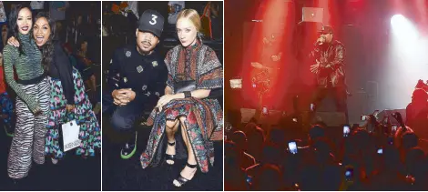  ??  ?? Suboi and Rosario Dawson Chance The Rapper and Chloe Sevigny The surprise guest of the evening rapper Ice Cube