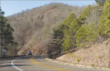  ?? ?? Talimena Scenic Drive in Arkansas is along Arkansas 88. As travelers drive west across the state line, it turns into Oklahoma 1 just beyond Queen Wilhelmena State Park located 14 miles west of Mena.