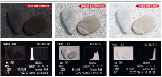 ??  ?? UNDEREXPOS­ED The stones are so dark we can barely see them, and the histogram is bunched to the far left
RIGHT EXPOSURE This is about the right exposure, with all the pixels in the shot within the bounds of the histogram
OVEREXPOSE­D The image is too...
