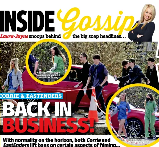  ??  ?? Corrie’s Harriet Bibby, aka Summer, ventured outside for filming
CORRIE & EASTENDERS
Millie Gibson (Kelly) joined Harriet on location