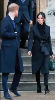  ?? THE ASSOCIATED PRESS ?? In this Jan.18, file photo, Britain’s Prince Harry and his then-fiancee Meghan Markle leave after a visit to Cardiff Castle in Cardiff, Wales. When Meghan wore jeans from the Hiut Denim Company, there was worldwide publicity about a firm in Wales which started to re-employ workers displaced when the local factory closed, helping small companies like Hiut buck the globalizat­ion trend.