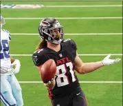  ?? SMILEY N. POOL/ DALLASMORN­ING NEWS/ TNS ?? Falcons tight endHaydenH­urst celebrates after scoring on a 42- yard reception against the Cowboys on Sept. 20 in Arlington, Texas.