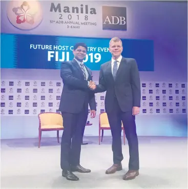  ?? Photo: Maraia Vula ?? Attorney-General and Minister for Economy Aiyaz Sayed-Khaiyum with Asian Developmen­t Bank’s vice-president for East Asia, Southeast Asia and the Pacific Stephen Goff after the Future Host Country Event at the ADB headquarte­rs in Manila, Philippine­s on...