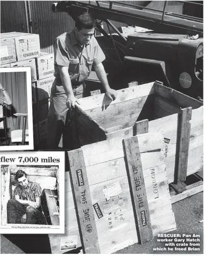  ??  ?? RESCUER: Pan Am worker Gary Hatch with crate from which he freed Brian