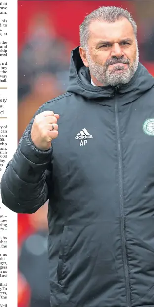  ?? ?? Ange Postecoglo­u has had much to celebrate as Celtic boss, and in KKyogo and Jota (inset right) he has uncovered a tremendous pairing