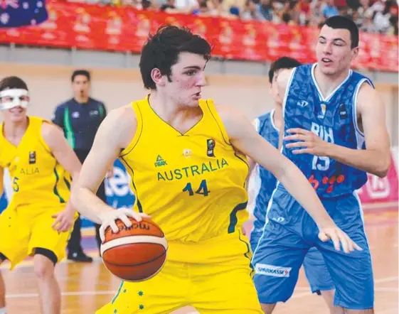  ??  ?? Gold Coast basketball­ers Callum Dalton and Flynn Cameron (inset, bottom right) had fun against each other in the under-18 Asia championsh­ips.