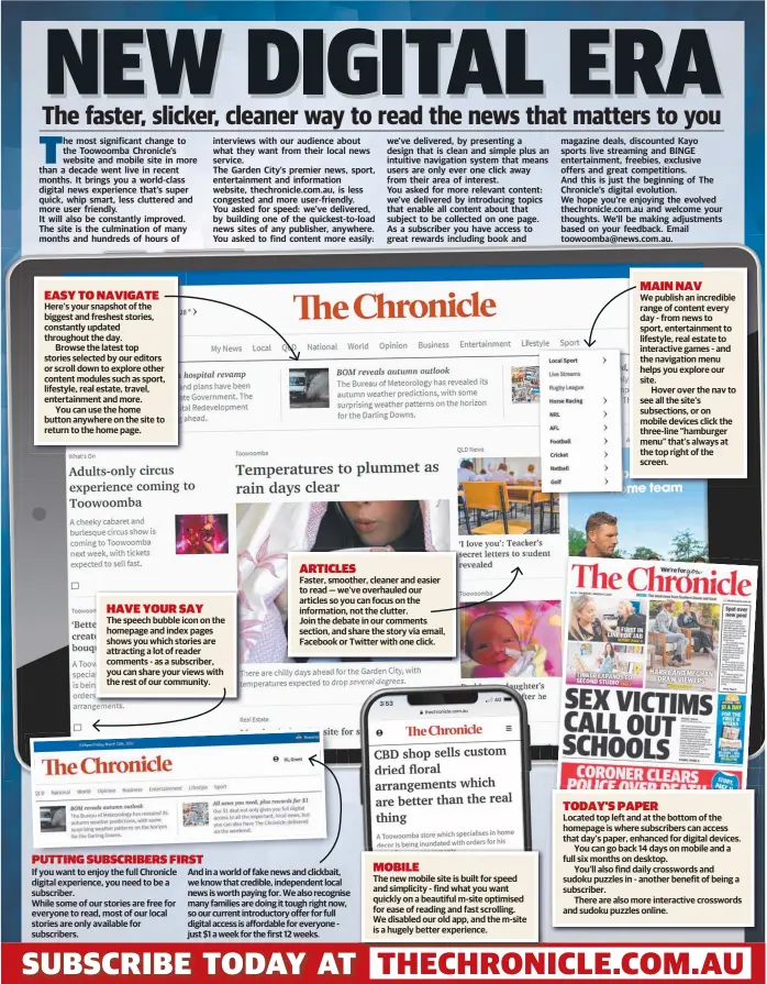  ??  ?? Here’s your snapshot of the biggest and freshest stories, constantly updated throughout the day.
Browse the latest top stories selected by our editors or scroll down to explore other content modules such as sport, lifestyle, real estate, travel, entertainm­ent and more.
You can use the home button anywhere on the site to return to the home page.
The speech bubble icon on the homepage and index pages shows you which stories are attracting a lot of reader comments - as a subscriber, you can share your views with the rest of our community.
If you want to enjoy the full Chronicle digital experience, you need to be a subscriber.
While some of our stories are free for everyone to read, most of our local stories are only available for subscriber­s. ARTICLES Faster, smoother, cleaner and easier to read — we’ve overhauled our articles so you can focus on the informatio­n, not the clutter. Join the debate in our comments section, and share the story via email, Facebook or Twitter with one click.
And in a world of fake news and clickbait, we know that credible, independen­t local news is worth paying for. We also recognise many families are doing it tough right now, so our current introducto­ry offer for full digital access is affordable for everyone just $1 a week for the first 12 weeks.
The new mobile site is built for speed and simplicity - find what you want quickly on a beautiful m-site optimised for ease of reading and fast scrolling. We disabled our old app, and the m-site is a hugely better experience.
We publish an incredible range of content every day - from news to sport, entertainm­ent to lifestyle, real estate to interactiv­e games - and the navigation menu helps you explore our site.
Hover over the nav to see all the site’s subsection­s, or on mobile devices click the three-line “hamburger menu” that’s always at the top right of the screen.
Located top left and at the bottom of the homepage is where subscriber­s can access that day’s paper, enhanced for digital devices.
You can go back 14 days on mobile and a full six months on desktop.
You’ll also find daily crosswords and sudoku puzzles in - another benefit of being a subscriber.
There are also more interactiv­e crosswords and sudoku puzzles online. EASY TO NAVIGATE HAVE YOUR SAY PUTTING SUBSCRIBER­S FIRST MOBILE MAIN NAV TODAY’S PAPER