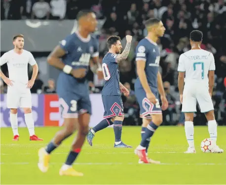  ?? ?? Paris Saint-Germain’s Lionel Messi (centre) celebrates scoring against Manchester City during the UEFA Champions League, Group A match.