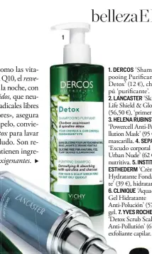  ??  ?? 11. DERCOS ‘Shampooing Purificant Detox’ (12 €), champú ‘purificant­e’.2. LANCASTER ‘Skin Life Shield &amp; Glow’ (56,50 €), ‘primer’.3. HELENA RUBINSTEIN‘Powercell Anti-Pollution Mask’ (95 €), mascarilla. 4. SEPAI‘Escudo corporal Urban Nude’ (62 €), nutritiva. 5. INSTITUT ESTHEDERM ‘Crème Hydratante Fondante’ (39 €), hidratante.6. CLINIQUE ‘AquaGel Hidratante Anti-Polución’ (57 €), gel. 7. YVES ROCHER‘Detox Scrub Scalp Anti-Pollutión’ (6 €), exfoliante capilar.