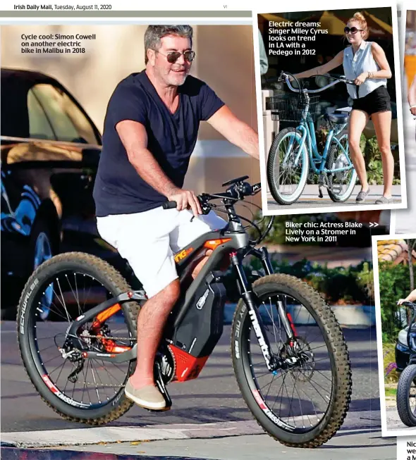  ?? Pictures: VANTAGENEW­S/XPOSURE/INFPHOTO/BACKGRID ?? Cycle cool: Simon Cowell on another electric bike in Malibu in 2018 Electric dreams: Singer Miley Cyrus looks on trend in LA with a Pedego in 2012