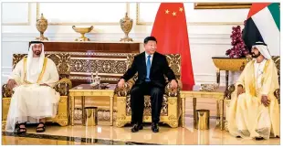  ??  ?? Sheikh Mohammed bin Rashid Al Maktoum and Sheikh Mohamed bin Zayed Al Nahyan with Chinese President Xi Jinping in Abu Dhabi on Thursday.