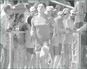  ??  ?? Coahoma’s Sean Striegler sprints to the finish line during a 200 meter dash prelim of the District 5-3A track meet held on Friday in Crane. Striegler went on to win gold in the finals.