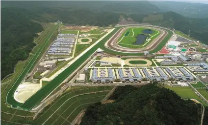  ?? Picture: Hong Kong Jockey Club ?? BRAND NEW: An aerial view of Conghua Racecourse in China’s Guangdong province, which was officially opened last week. Built by the Hong Kong Jockey Club for HK$3.7 billion over seven years, the state-of-the-art facility covers 150 hectares in a smog-free and equine disease-free zone. It has stabling for 660 horses and will initially serve as a satellite training and spelling centre for operations in Hong Kong, with the 200km journey for horses to the enclave taking about four hours. Betting is currently banned in mainland China but a gambling licence for Conghua is under considerat­ion.