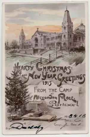  ??  ?? English version of a Christmas card from Alexandra Palace POW Camp (there was also a German version)