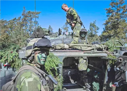  ?? JONATHAN NACKSTRAND/AGENCE FRANCE-PRESSE ?? SOLDIERS of the P18 Gotland Regiment of the Swedish Army camouflage an armored vehicle during a field exercise Tuesday. Finland and Sweden are expected to announce this week whether to apply to join NATO following Russia’s invasion of Ukraine.