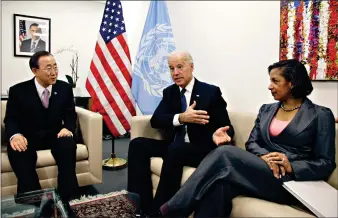  ?? (AP Photo, File) ?? Then-Vice President Joe Biden, center, and Susan Rice, the U.S. ambassador to the United Nations, meet with U.N. Secretary-General Ban Ki-moon before a session of the U.N. Security Council on Dec. 15, 2010, at U.N. headquarte­rs. Democratic presidenti­al nominee Biden is in the final stages of selecting his running mate. Among the contenders is Rice, who worked closely with Biden in the Obama administra­tion and regularly briefed him on pressing foreign policy matters when she served as national security adviser.