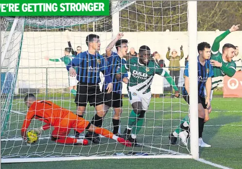  ?? Picture: Paul Amos FM27048416 ?? Ashford celebrate their second goal against Sevenoaks at Homelands on Saturday