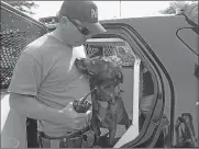  ??  ?? Rachel Rosenbaum at 749-4771 and on Twitter @RaeRosenba­um. SWAT Team Leader Lt. Jim Runyen hangs out with Gunner before training on Wednesday.