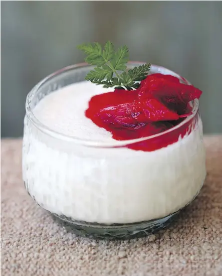  ?? PHOTOS: CLARE WINFIELD/KYLE BOOKS ?? Darina Allen recommends lemon balm or rose geranium leaves as substitute­s for sweet cicely or angelica in the rhubarb compote served atop her carrageen moss pudding.