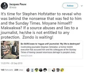  ??  ?? SCATHING. Journalist and author Jacques Pauw demands Stephan Hofstatter reveal his sources on the discredite­d saga of the ‘rogue unit’.