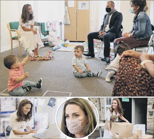  ?? PICTURES: PA WIRE ?? LIFE STORIES: Top, the Duchess of Cambridge speaks to the family of Ali Wartty, Sahara Hamawandy and their triplets San, Shan and Laveen, during a visit to the Baby Basics branch in Sheffield; above, from left, the Duchess talks to other baby banks on a teleconfer­ence; the Duchess in face mask and unloading supplies at Baby Basics.