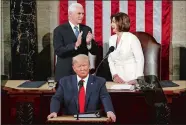  ?? PATRICK SEMANSKY/AP PHOTO ?? House Speaker Nancy Pelosi chats with Vice President Mike Pence as President Donald Trump stands at the lectern.