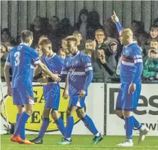  ??  ?? Former Boro man Jimmy Beadle celebrates his goal for Whitby