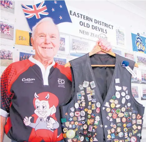  ??  ?? Roy Baldock with his waistcoat covered in badges collected on Golden Oldies rugby trips.