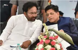  ?? — PTI ?? Railway minister Piyush Goyal and Union minister of state for home affairs G. Kishan Reddy during a foundation stone-laying ceremony at Bhoiguda Railway Station in Secunderab­ad, Hyderabad, on Tuesday.