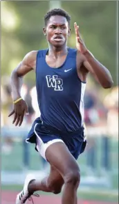  ?? Dan Watson/The Signal (See additional photos on signalscv.com) ?? Solomon Strader of West Ranch wins the 400-meter at College of the Canyons earlier in the 2019 season.