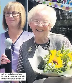  ??  ?? Alice Lewis has retired from Carlow Pharmacy in Middleton after 50 years