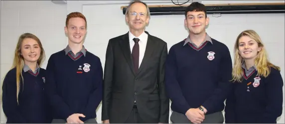  ??  ?? At Ardee CS, Michaela McKenna (Deputy Head Girl), Donal McKenny (Head Boy), Mr Mulvey, James Reilly (Deputy Head Boy) and Grace Duffy (Head Girl).