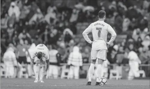  ??  ?? Real Madrid star Cristiano Ronaldo reacts during their 1-0 La Liga loss to Villarreal at Santiago Bernabeu on Saturday in Madrid, Spain.