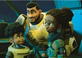  ?? NETFLIX ?? Sean (voiced by JeCobi Swain), left, and Lisa (Priah Ferguson) learn their father, Terry (Laz Alonso), is the interstell­ar bounty hunter Sabo Brok in “My Dad the Bounty Hunter.”