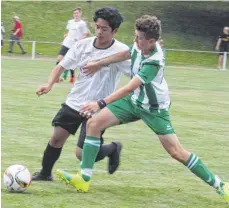  ?? FOTO: PEIKER ?? Die SG Gosheim/Wehingen (links, weiße Trikots) besiegte den TB Neckarhaus­en in der Vorrunde klar mit 5:0.