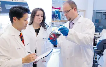  ??  ?? Stone Centre director Dr. Ben Chew, left, works with research manager Olga Arsovska and science director Dirk Lange inside the centre’s laboratory at Vancouver General Hospital.