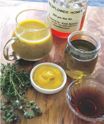  ??  ?? In English Mustard, Wild Flower Honey and Thyme Vinaigrett­e, hot prepared mustard is used to emulsify this flavourful dressing.